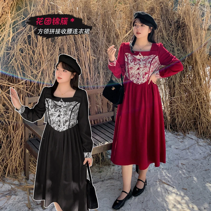 大码女装240斤胖MM冬季时尚春节跨年氛围方领红裙连衣长裙k2938