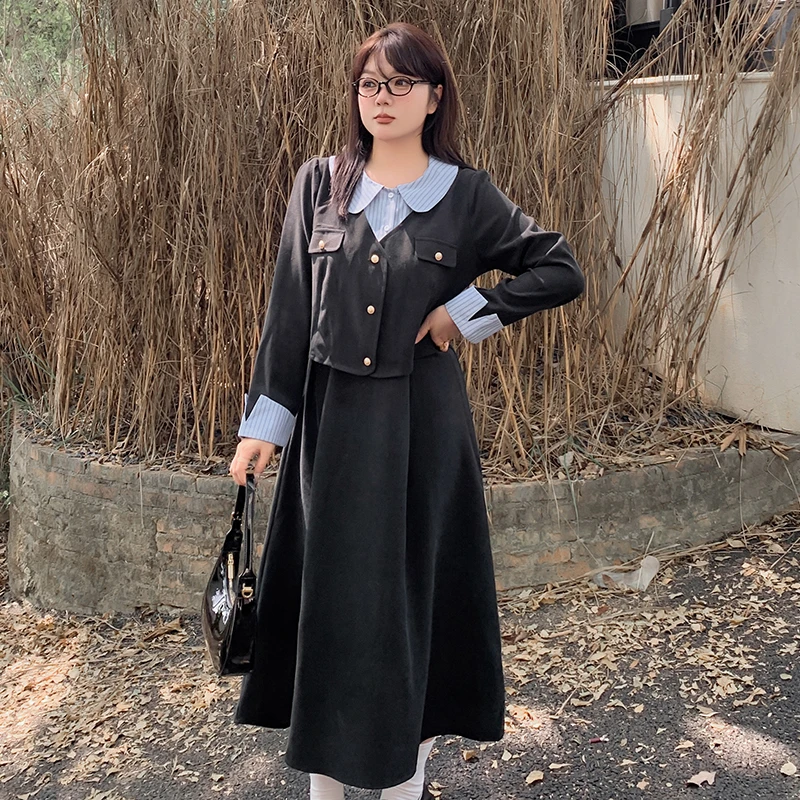 大码女装240斤胖MM学院风拼接假两件收腰显瘦A字连衣裙421847