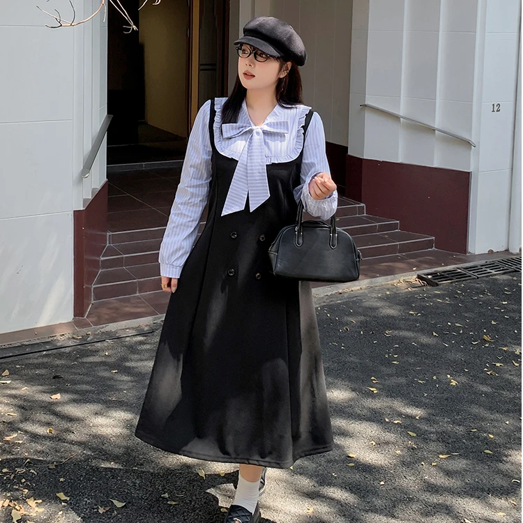 大码女装240斤胖MM设计感系带蝴蝶结撞色减龄假两件连衣裙Y256