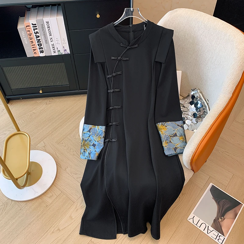 大码女装300斤新中式复古旗袍盘扣刺绣中长款连衣裙66615