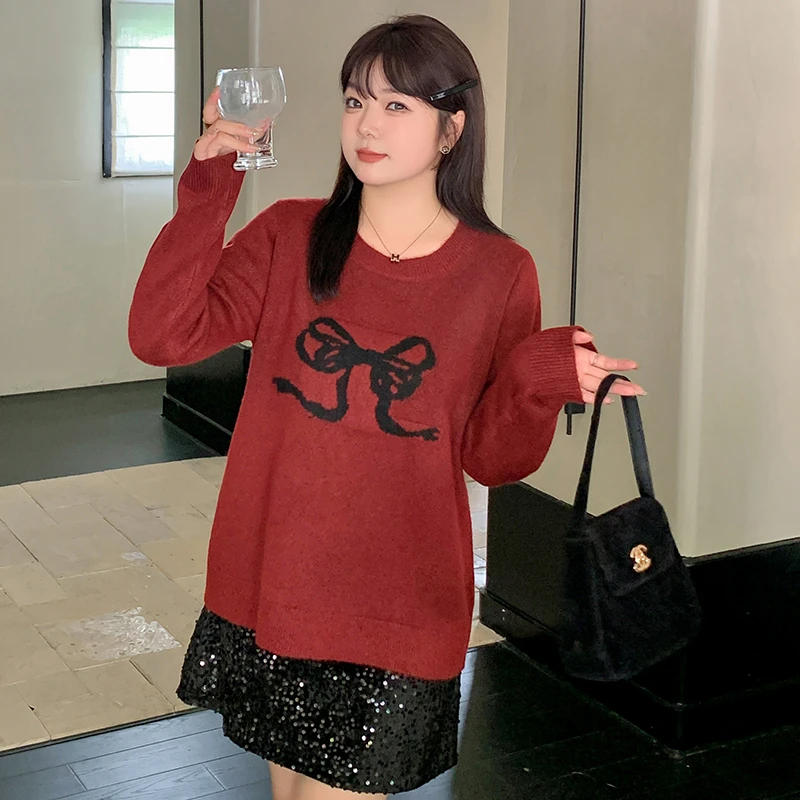 大码女装220斤胖MM可爱风百搭刺绣蝴蝶结圆领宽松针织衫22605