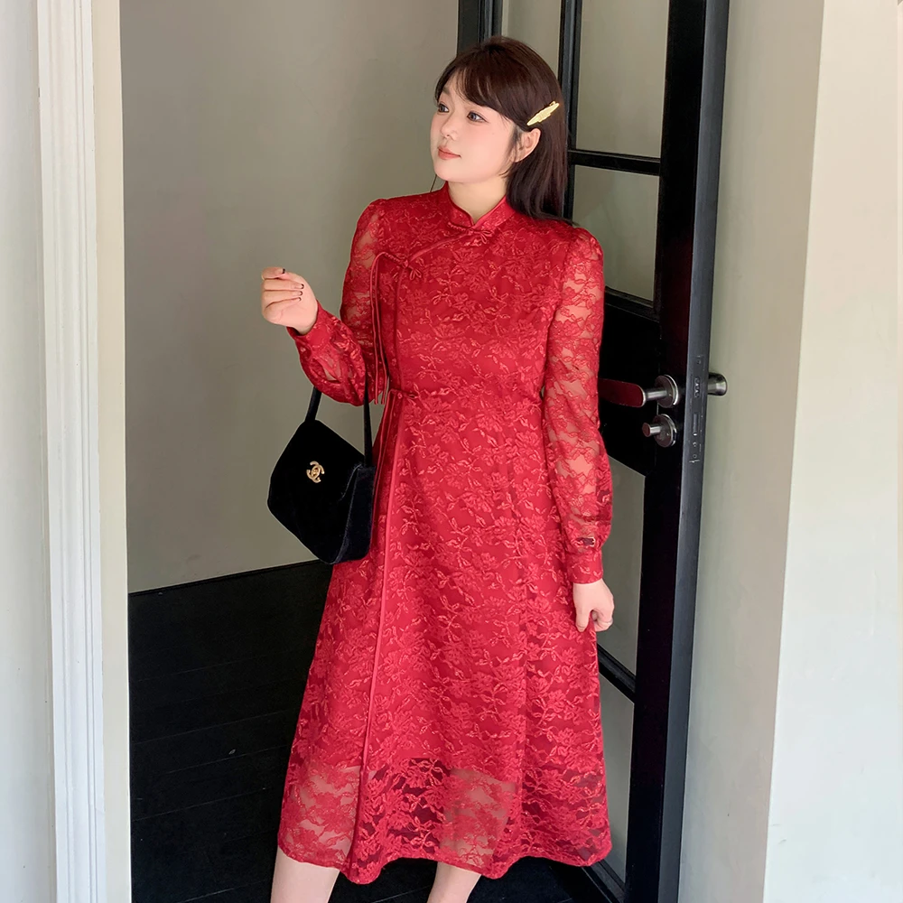 1店k2835大码女装240斤胖MM新中式复古改良旗袍小立领蕾丝连衣裙