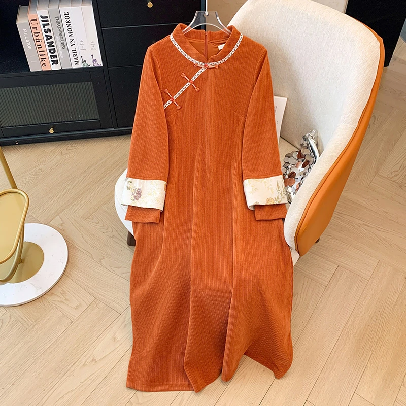 大码女装300斤秋冬时尚中式国风复古改良旗袍长袖连衣裙66703