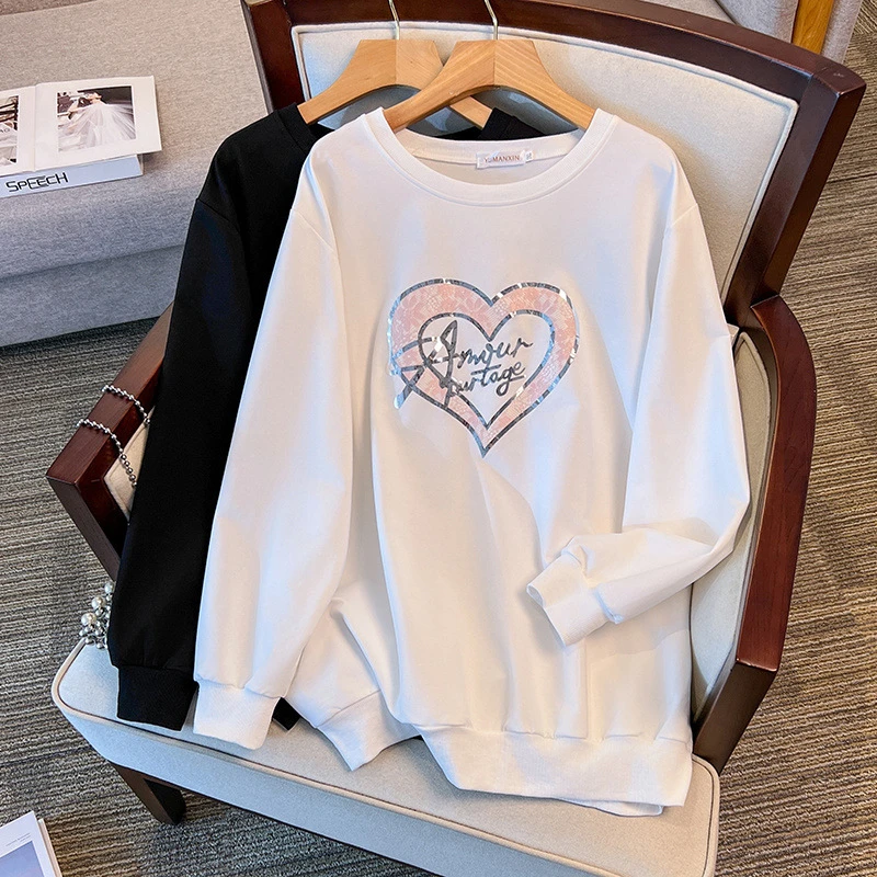 大码女装300斤设计感爱心字母印花宽松休闲风百搭卫衣6017