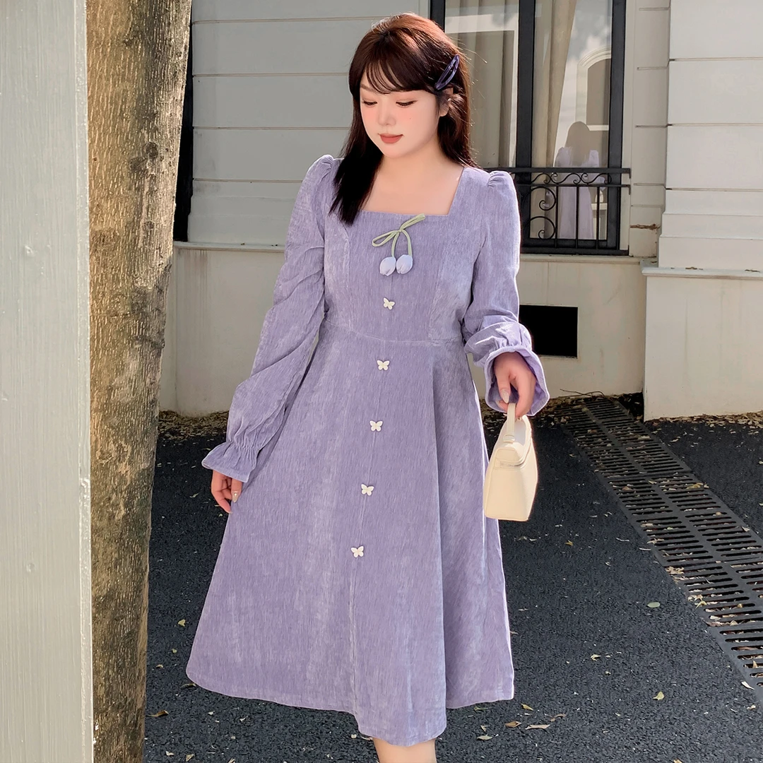 【浪漫之约】大码女装法式复古风方领立体郁金香收腰连衣裙 k2899