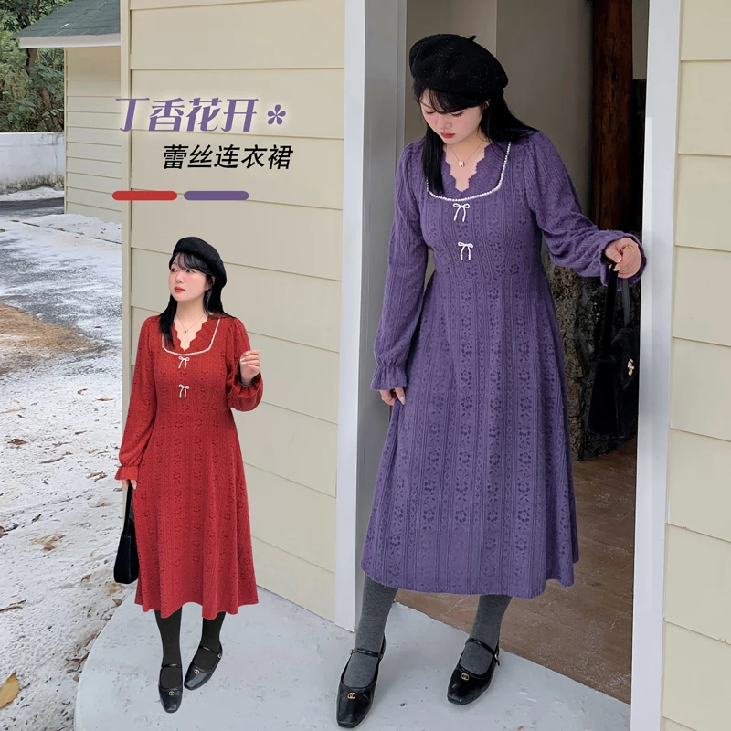 大码女装240斤胖MM冬季时尚复古法式V领蕾丝珠子连衣长裙k2941