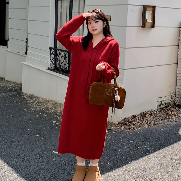 大码女装220斤胖MM冬季时尚宽松连帽系带纯色针织连衣裙F320A