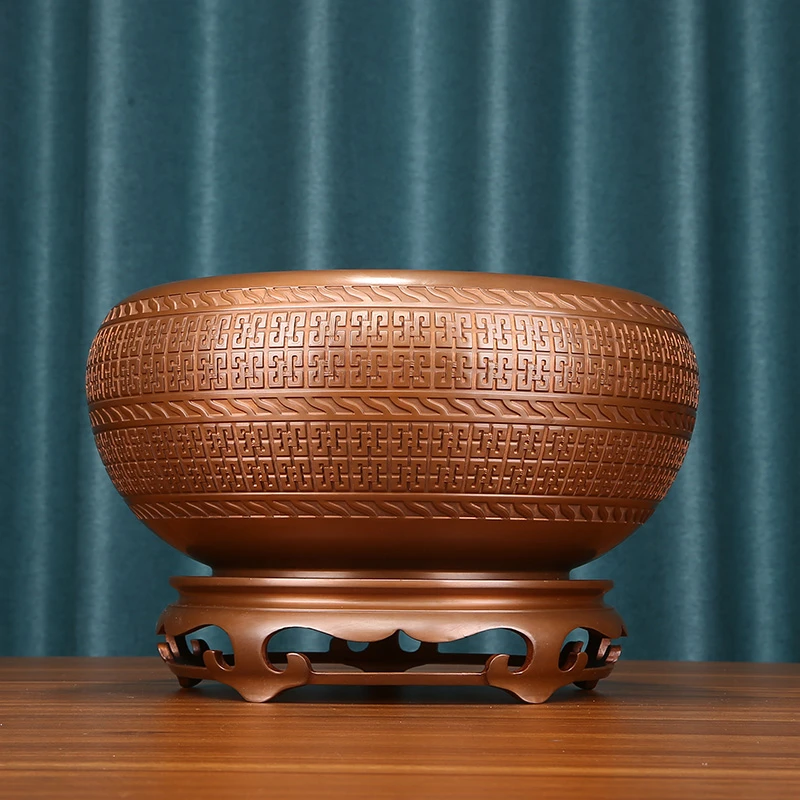 紫铜聚宝盆摆件回纹鉢办公桌摆件