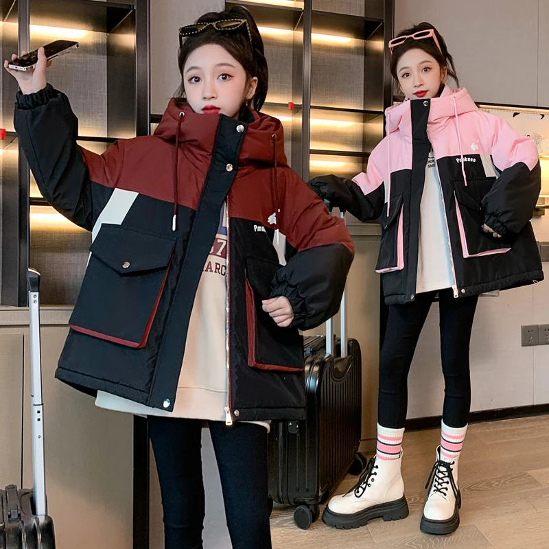 女童中大童加厚保暖冬款派克服儿童时尚休闲中长款韩版拼色棉服新