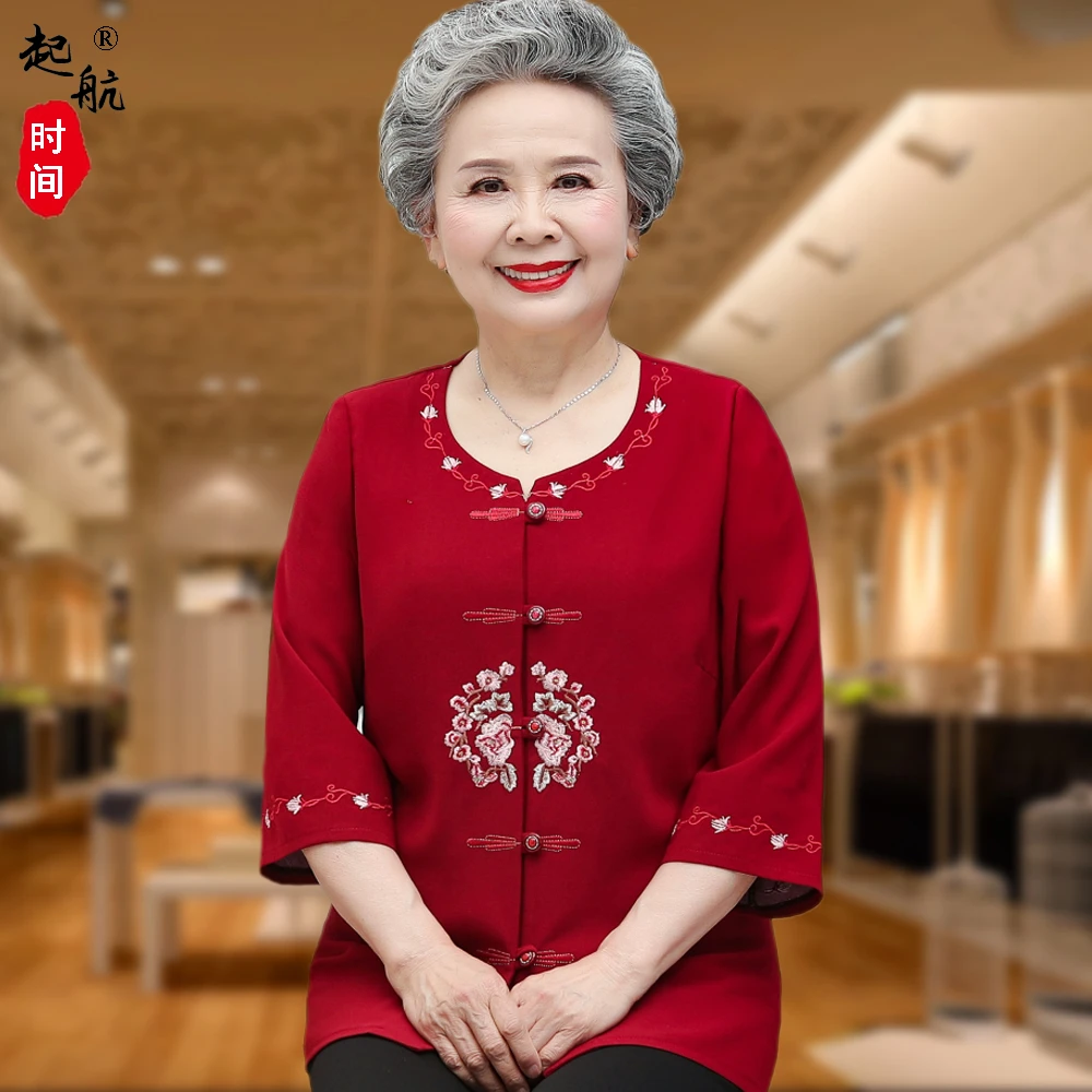 奶奶夏装衬衫中老年女装老太太中年妈妈装唐装生日婚宴喜庆上衣女