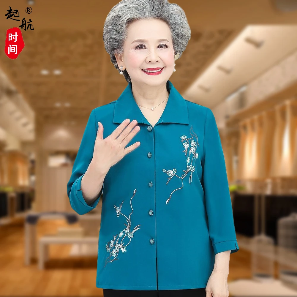 中老年衬衫女中袖绣花翻领上衣60岁奶奶婆婆春装夏中年老太太衬衣