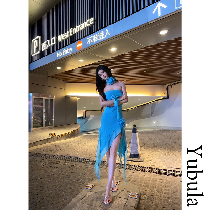 /Yubula 法式纯欲风蓝色抹胸连衣裙甜辣显瘦修身荷叶边度假连衣裙