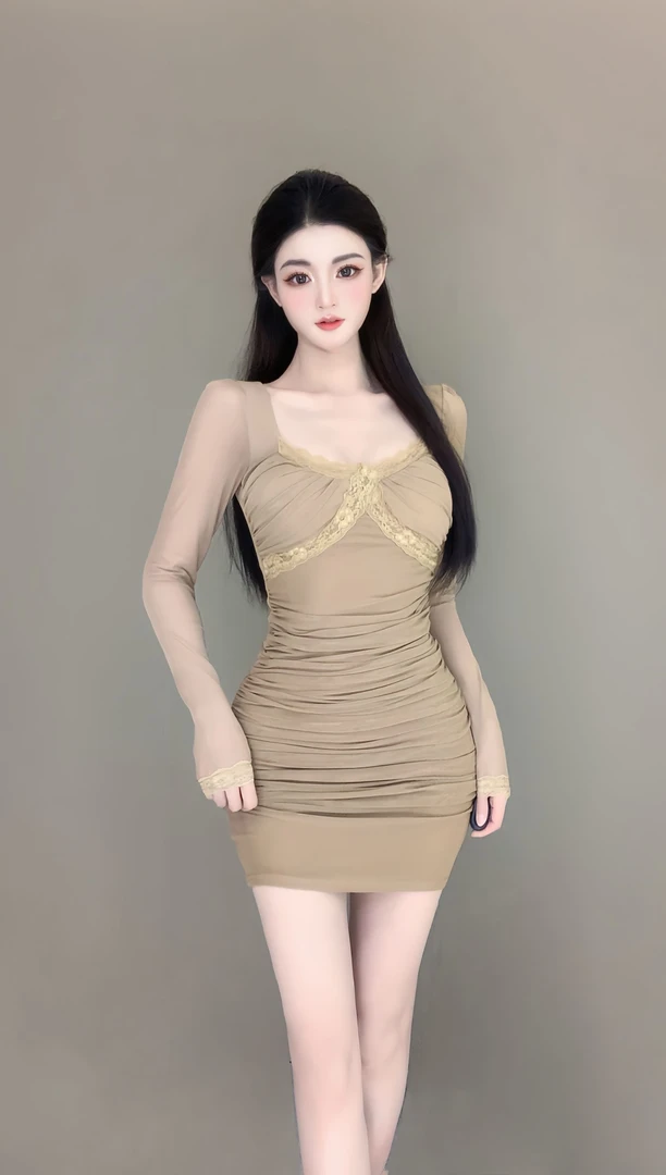 Sweet甜野  甜系少女法式欲感带胸垫显胸蕾丝长袖内搭连衣裙