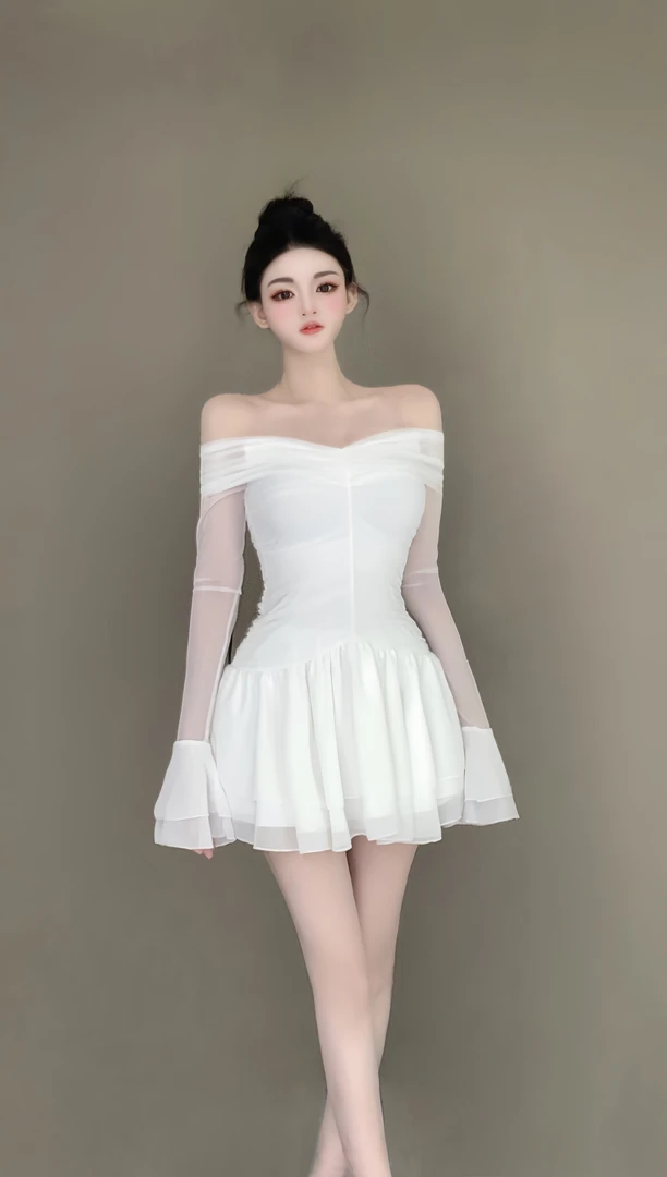 Sweet甜野  法式一字肩长袖网纱拼接高腰显瘦不规则连衣裙