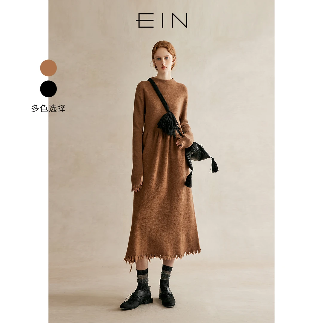 EIN/言美拉德慵懒风绵羊毛流苏毛边半高领针织连衣裙2025秋款
