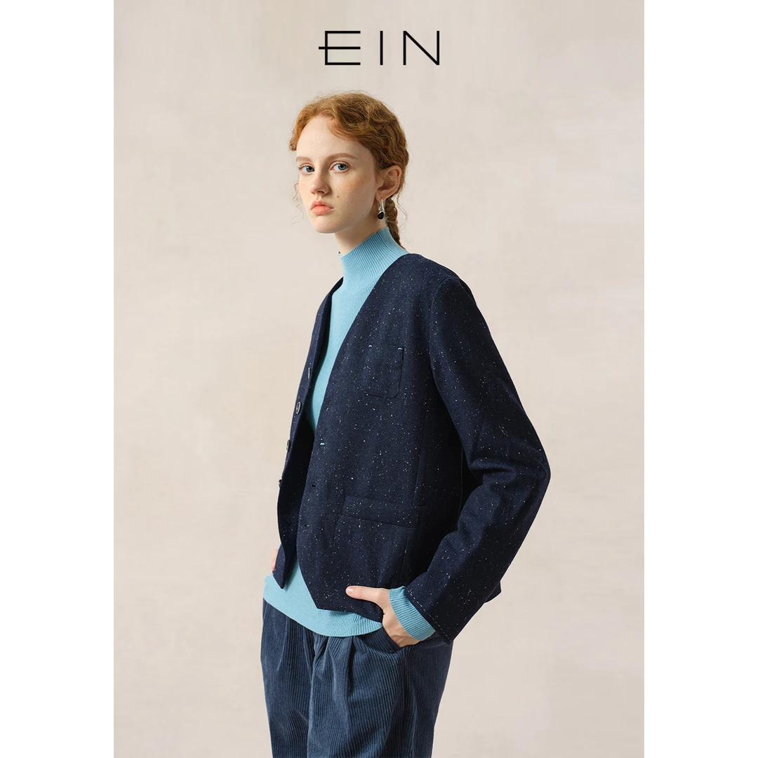 EIN/言雅丹小香风轻通勤感气质无领箱型毛呢短外套25早春款