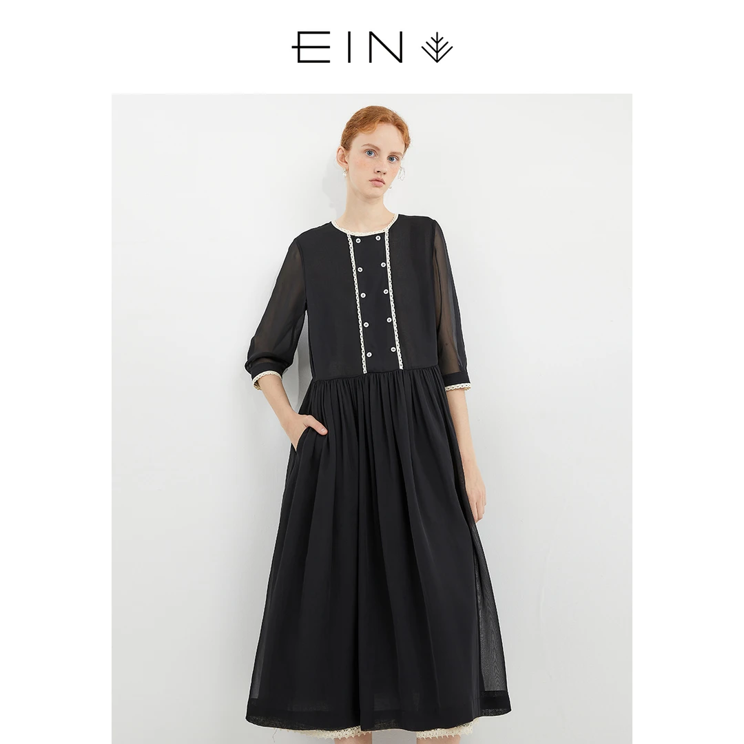 EIN/言雪纺小黑裙气质显瘦蕾丝拼接连衣裙2023年夏季时尚文艺复古