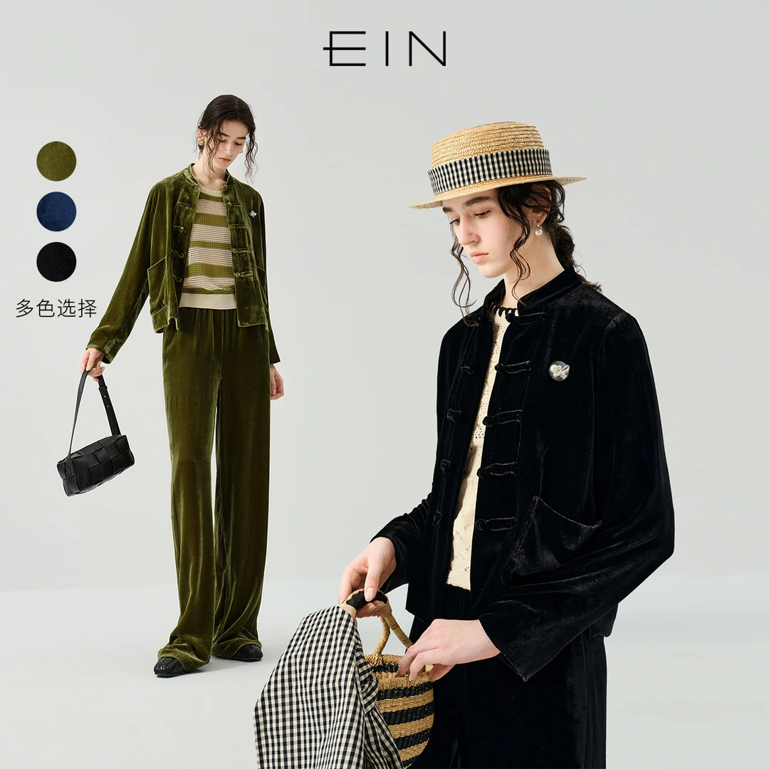 EIN/言静奢老钱风乔绒短外套中式立领东方对襟盘扣