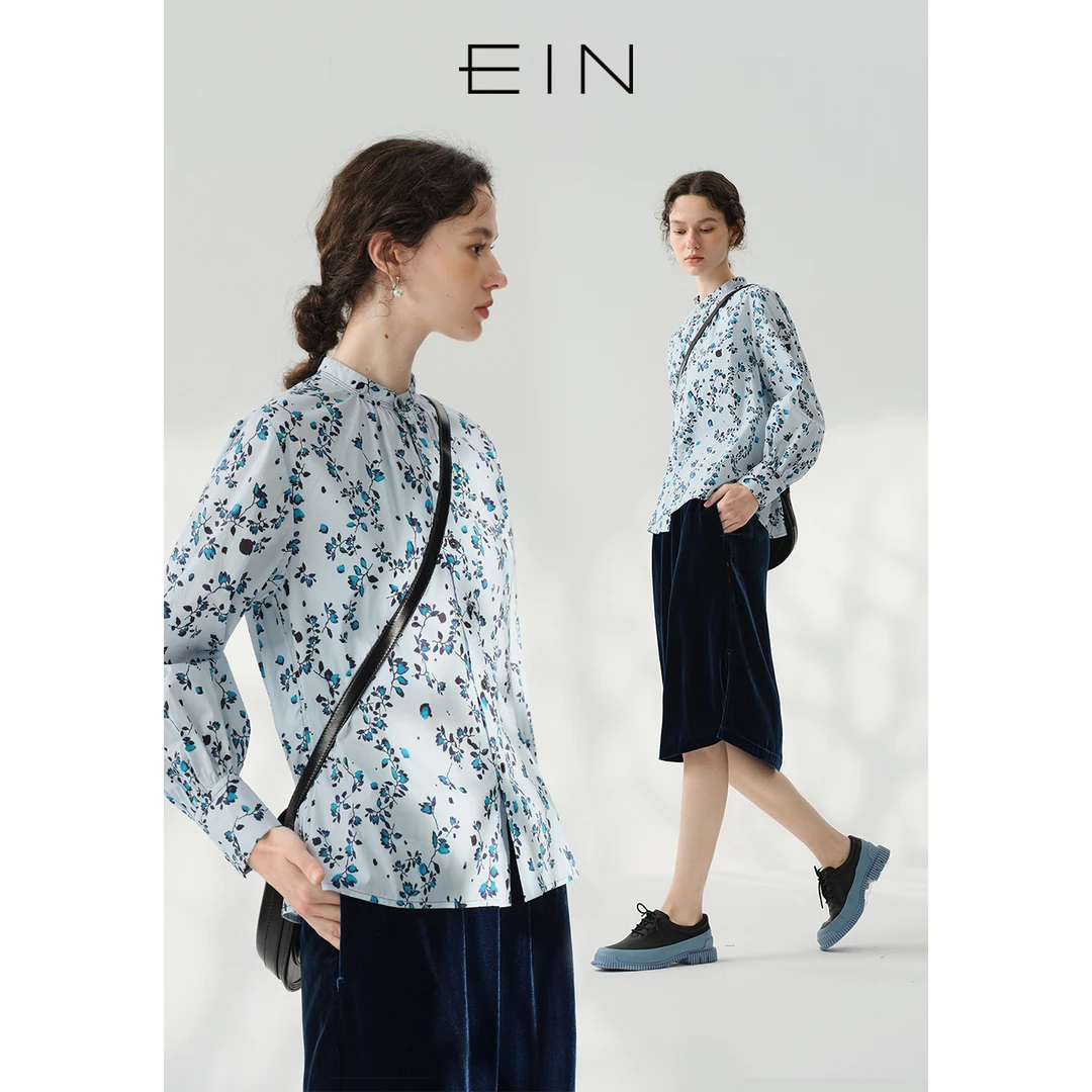 EIN/言文艺印花中式小立领灯笼袖棉衬衫女装25春夏款