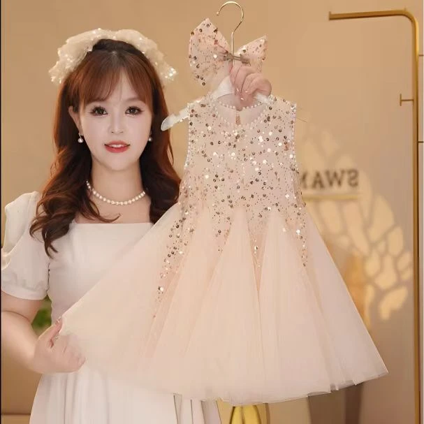 女童夏装连衣裙2025新款洋气夏季小女孩纱裙儿童亮片公主裙高能感