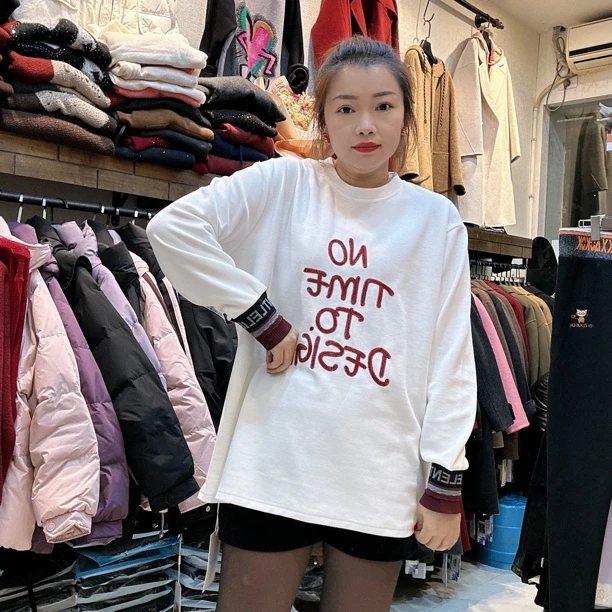 冬季加绒印花体恤中长款