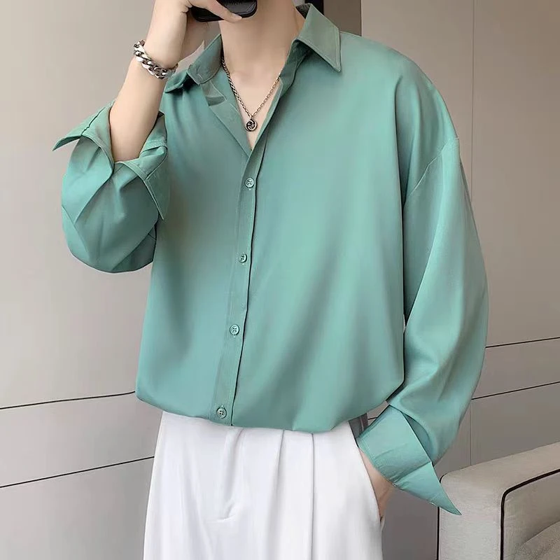 薄款纯色冰衬衫男长袖韩版短袖宽松港风休闲黑色垂感痞帅衬衣
