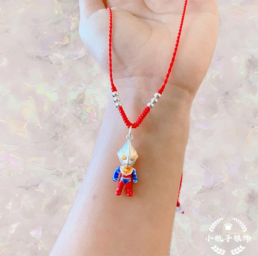 吊坠足银布艺 999足银彩色大号奥特曼手工精编锁骨链儿童学生可爱