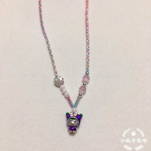 吊坠足银布艺 999足银紫色黑色库洛米手工编织项链可爱女童小仙女