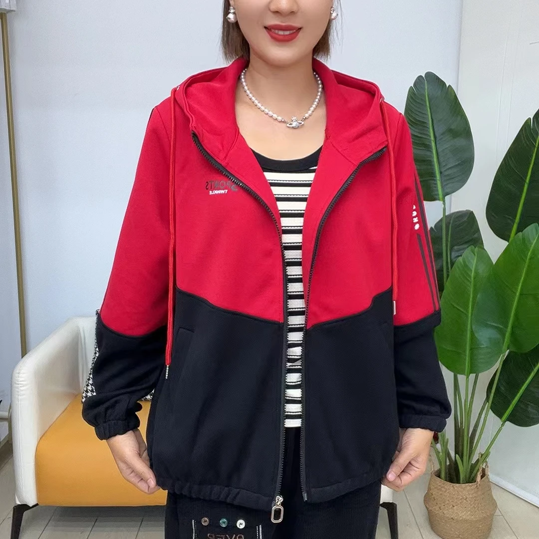 拼色休闲帽外套长袖