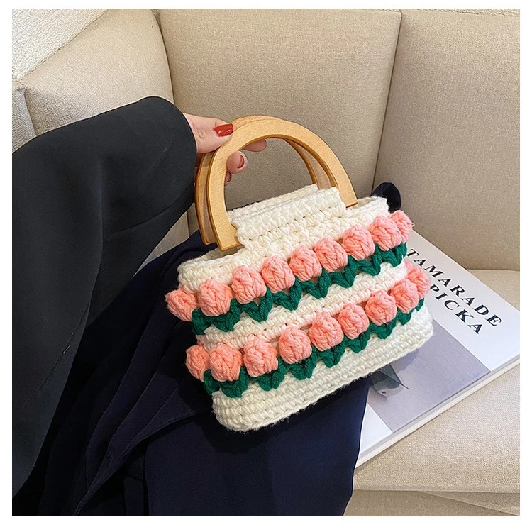 高弹布条线郁金香包编织包复古圆木手柄珍珠链diy手工材料包礼物