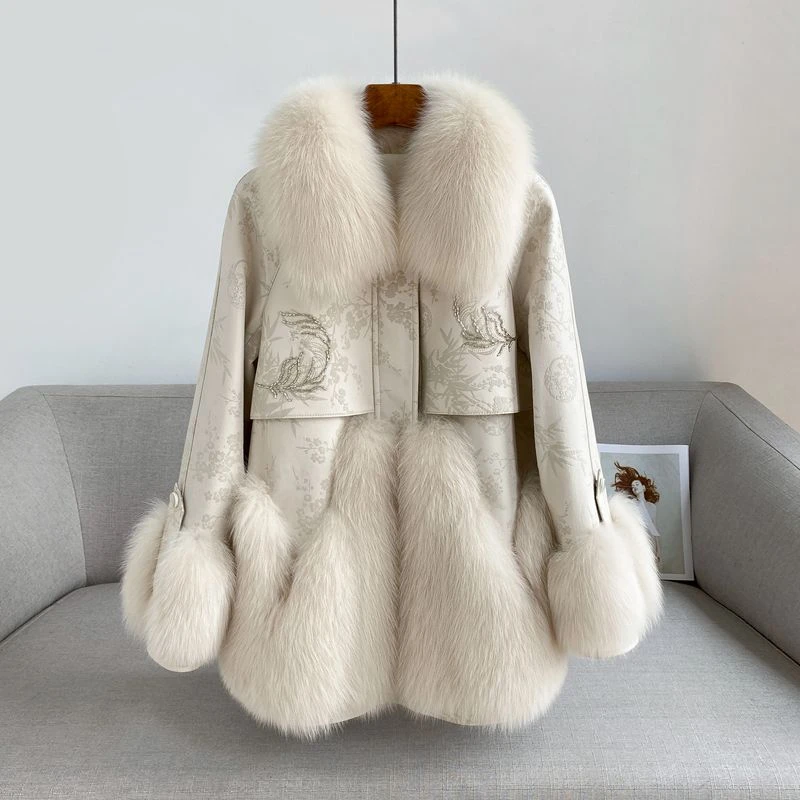 中长款皮毛一体真皮羽绒服海宁2024年冬季新款狐狸毛皮草外套女
