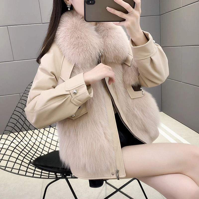 海宁皮草正品2025年狐狸毛绵羊皮外套女短款冬洋气外套