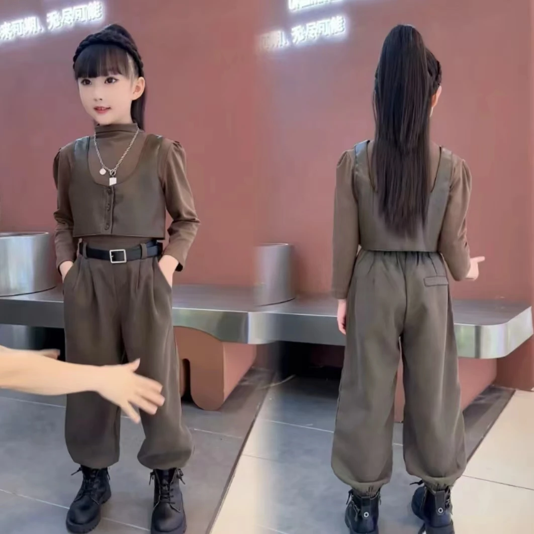 女童洋气时尚网红休闲百搭2024新款时髦韩版炸街马甲秋季三件套