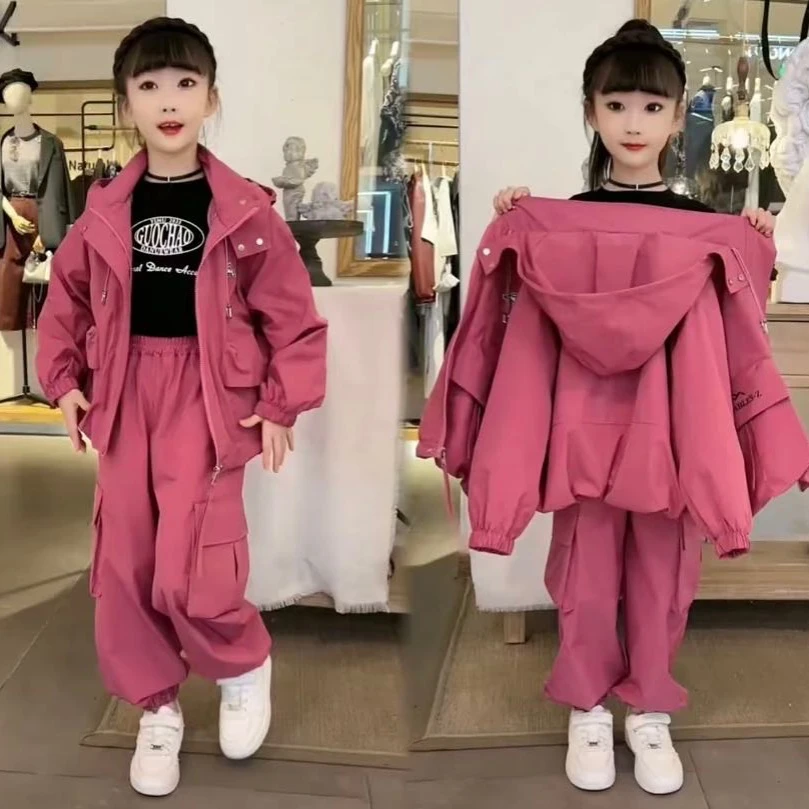 女童洋气时尚春秋款儿童网红休闲连帽大口袋潮流工装风中大童套装