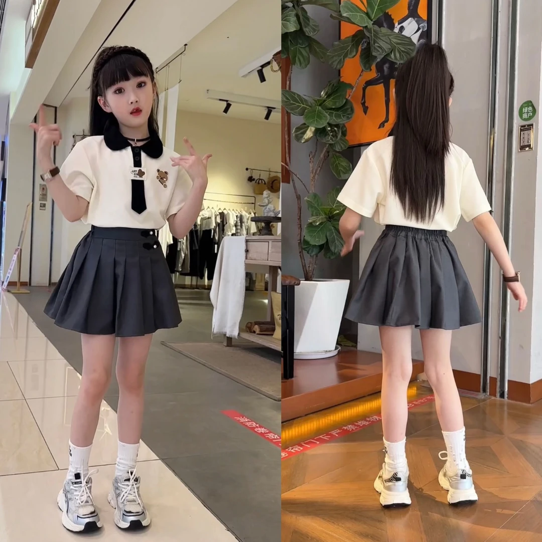 女童夏季时尚休闲韩版洋气女孩学生小熊Polo领百褶裙中大童套装潮