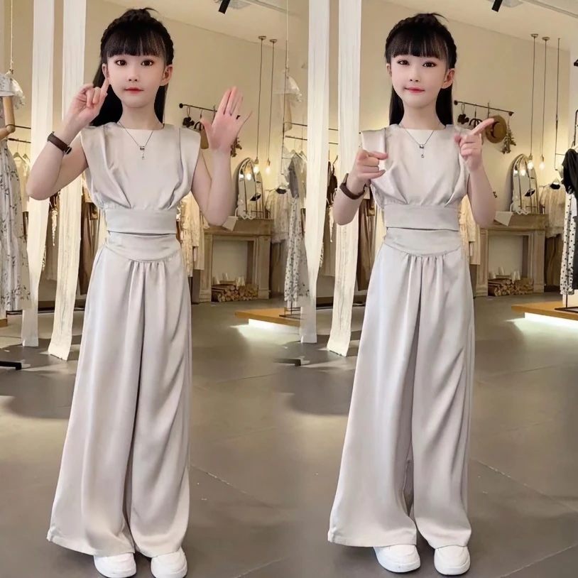 女童洋气法式时尚休闲2024新款夏季高级蝴蝶结缎面阔腿裤潮流套装