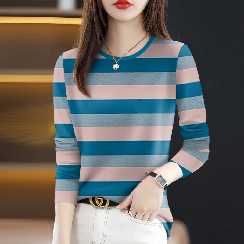 【活动价】春秋条纹长袖t恤女装大码宽松遮肚显瘦圆领打底上衣时尚