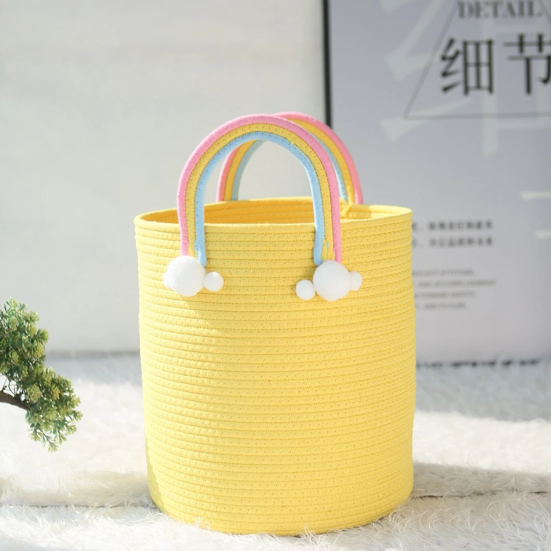 棉绳手工居家彩虹把手 黄色 收纳筐  脏衣篮 衣物收纳筐