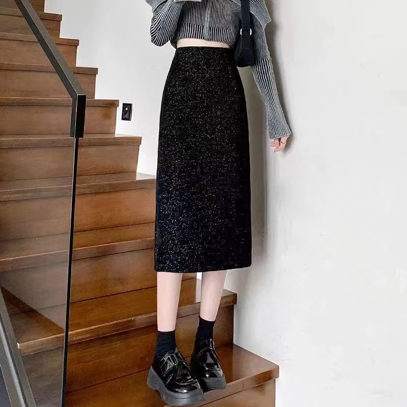 小香风星空亮丝裙2024春夏新款中长款高腰包臀裙后开叉