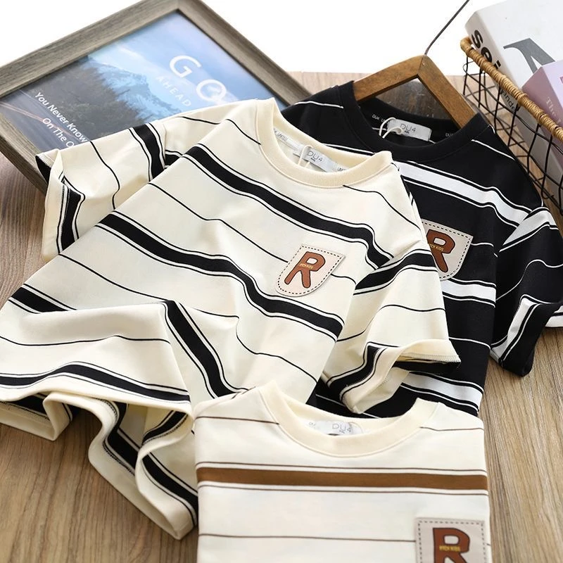 男童短袖T恤夏装条纹薄款汗衫中大童男孩夏季新款上衣凉感半袖潮