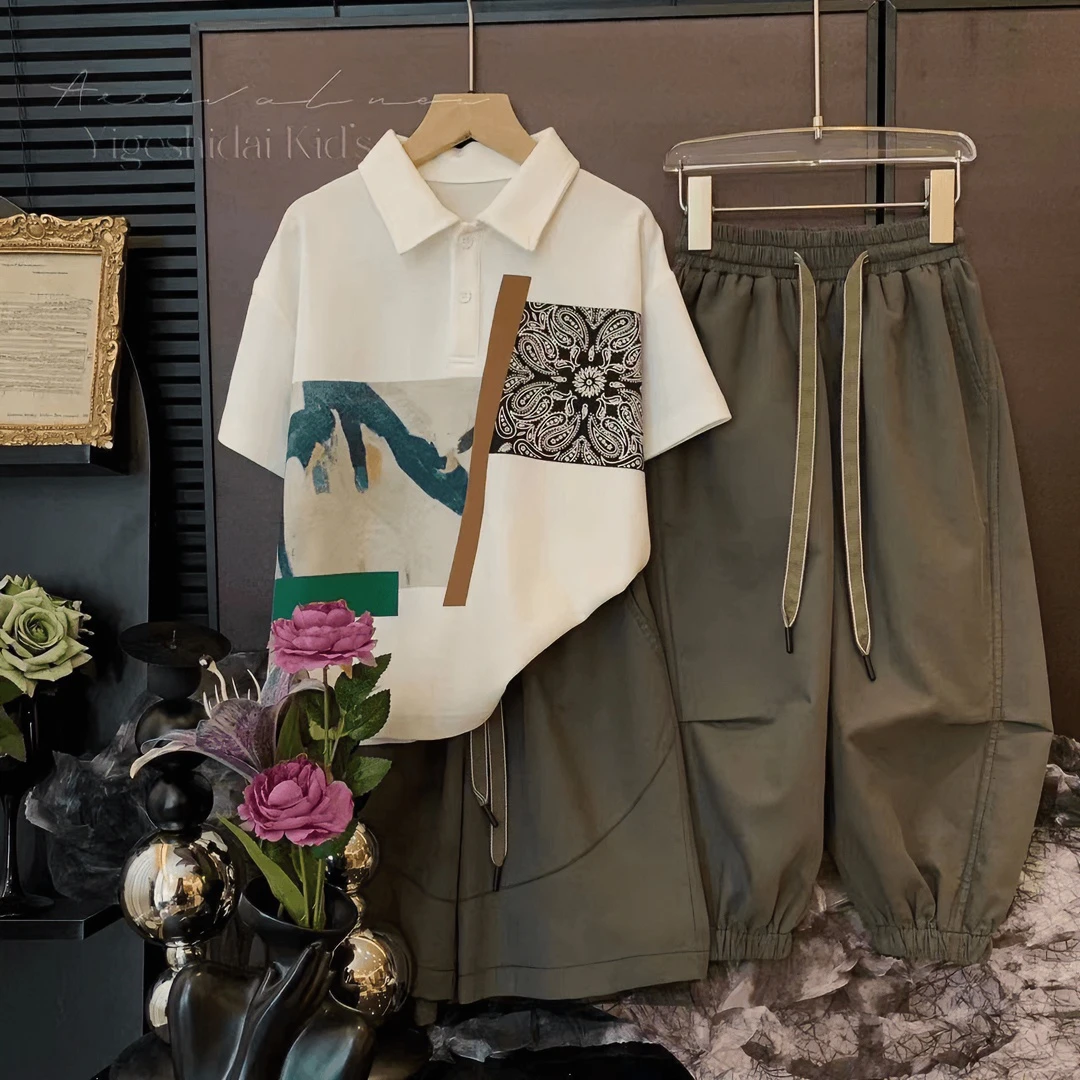 童装男童中大童男童儿童2024新款套装时尚百搭中大童T恤两件套潮