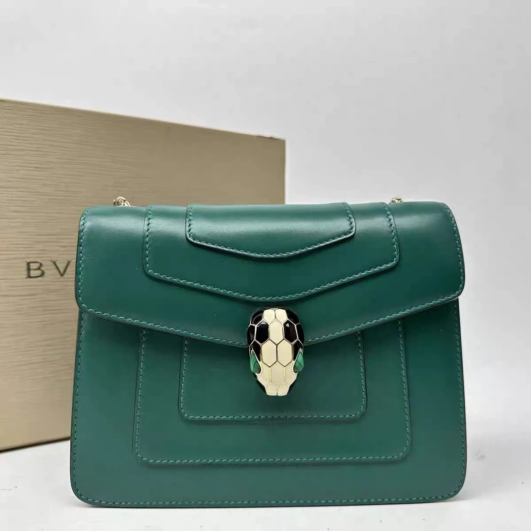 95新 BVLGARI/宝格丽 经典墨绿蛇头包/hs14030