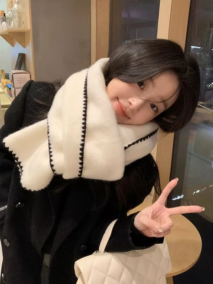 【森林推荐】超软糯锁边含羊毛围巾女冬季纯色加厚保暖围脖护颈披肩