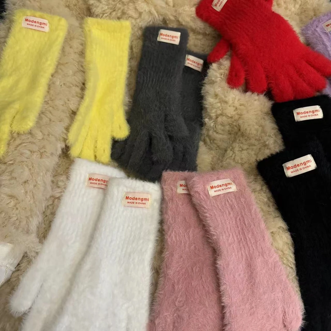 【森林推荐】纯色水貂绒针织手套冬季韩国五指防风保暖骑行时尚手套