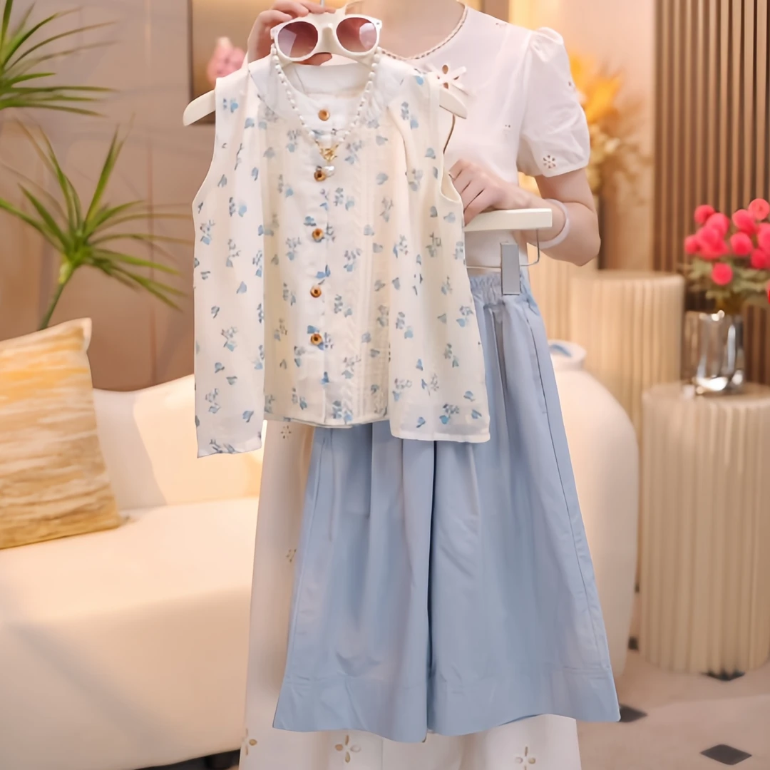 女童夏装2025新款设计师款碎花无袖娃娃衫+休闲阔腿裤套装
