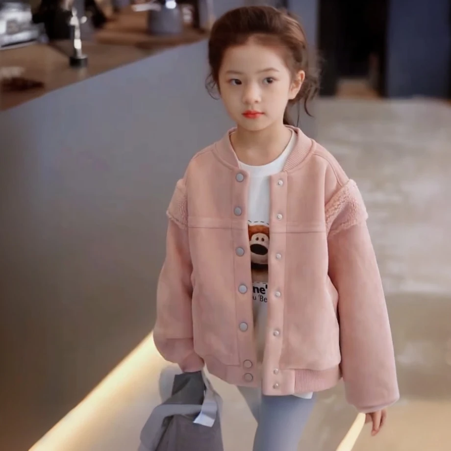 女童加绒外套2025秋冬新款洋气时髦炸街设计款拼接棒球服外套潮