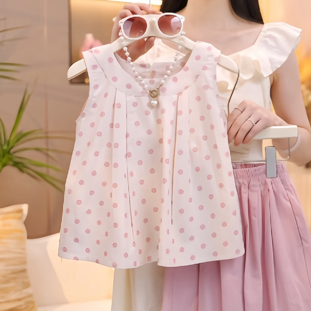 女童夏装2025新款韩系别致设计感波点娃娃衫背心上衣薄款