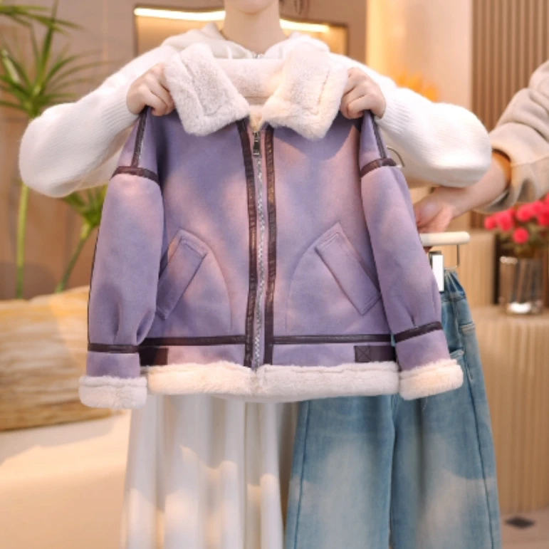 女童加绒外套2024冬季新款韩版皮毛一体加厚保暖毛毛衣机车服潮