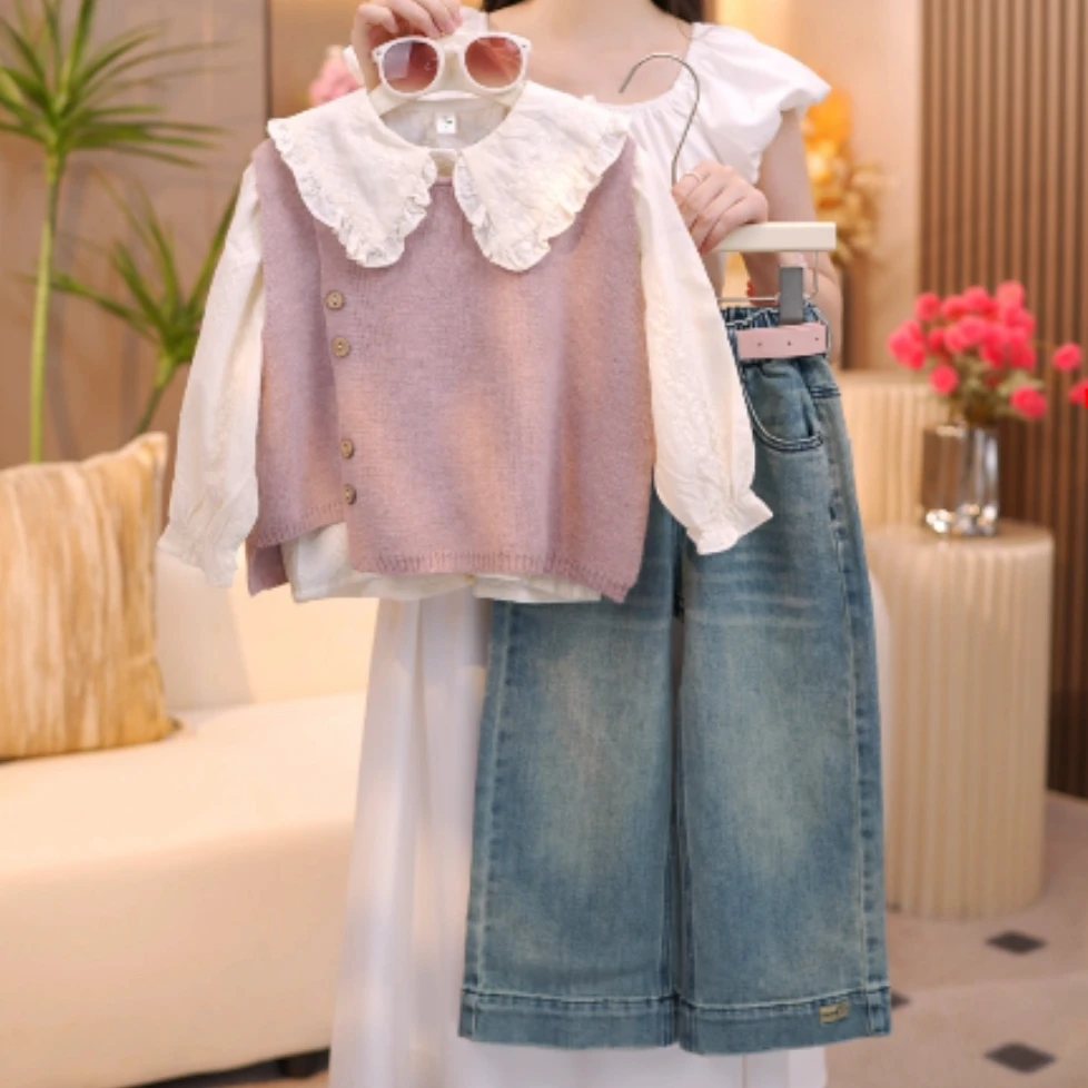 女童秋装套装2025新款韩版洋气针织百搭马甲衬衫牛仔裤三件套潮
