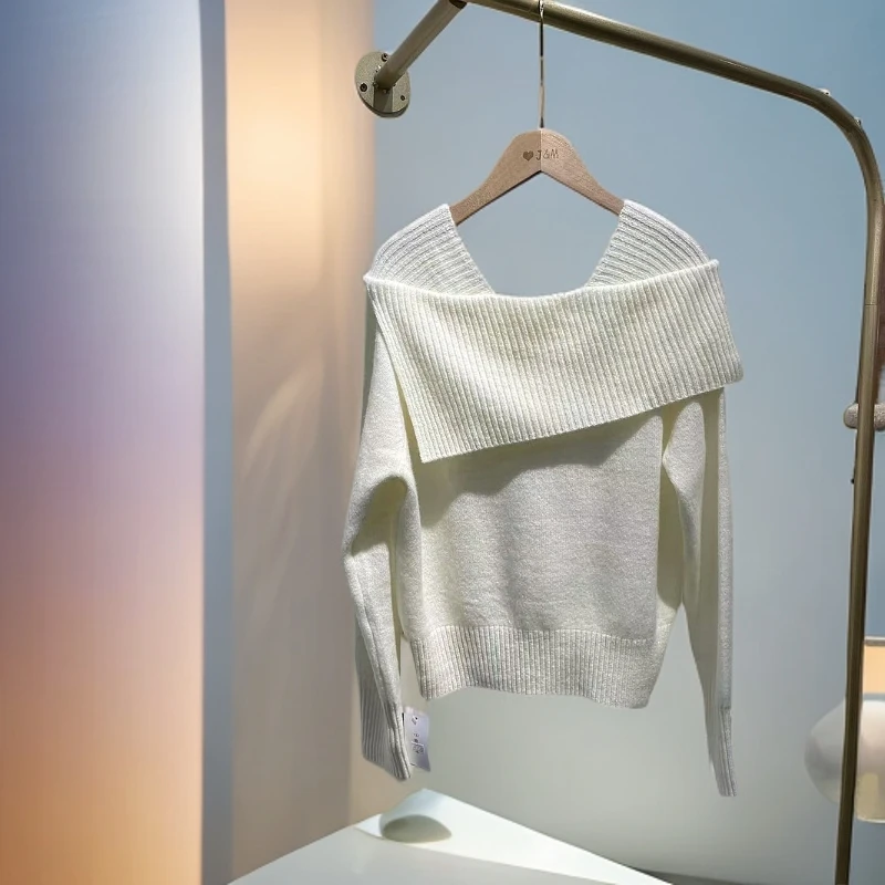 韩国东大门新款一字肩翻领纯色温柔风羊毛衫